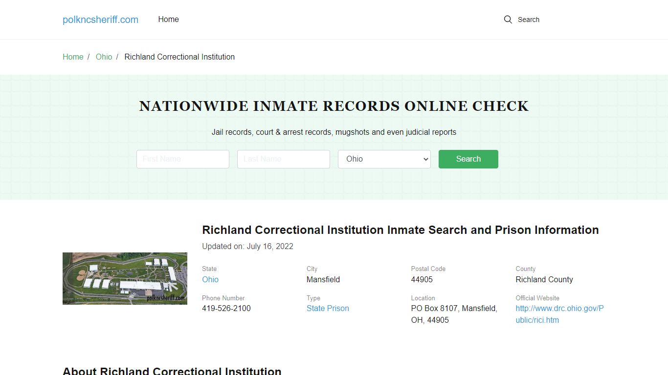 Richland Correctional Institution Inmate Search, Visitation, Phone no ...